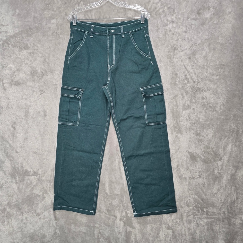 H&M Divided Cargo Pants‎ Women 8 Green Contrast Stitch Wide Leg Gorpcore Grunge